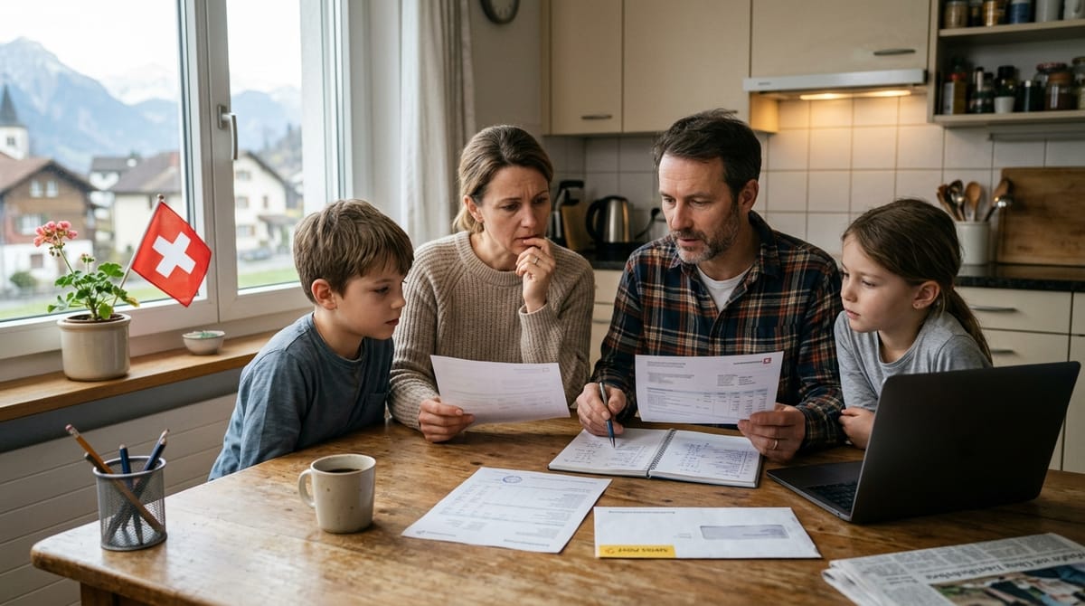 Svájci háztartás havi jövedelmet, kiadásokat és egészségbiztosítási díjakat tervez egy konyhaasztalnál